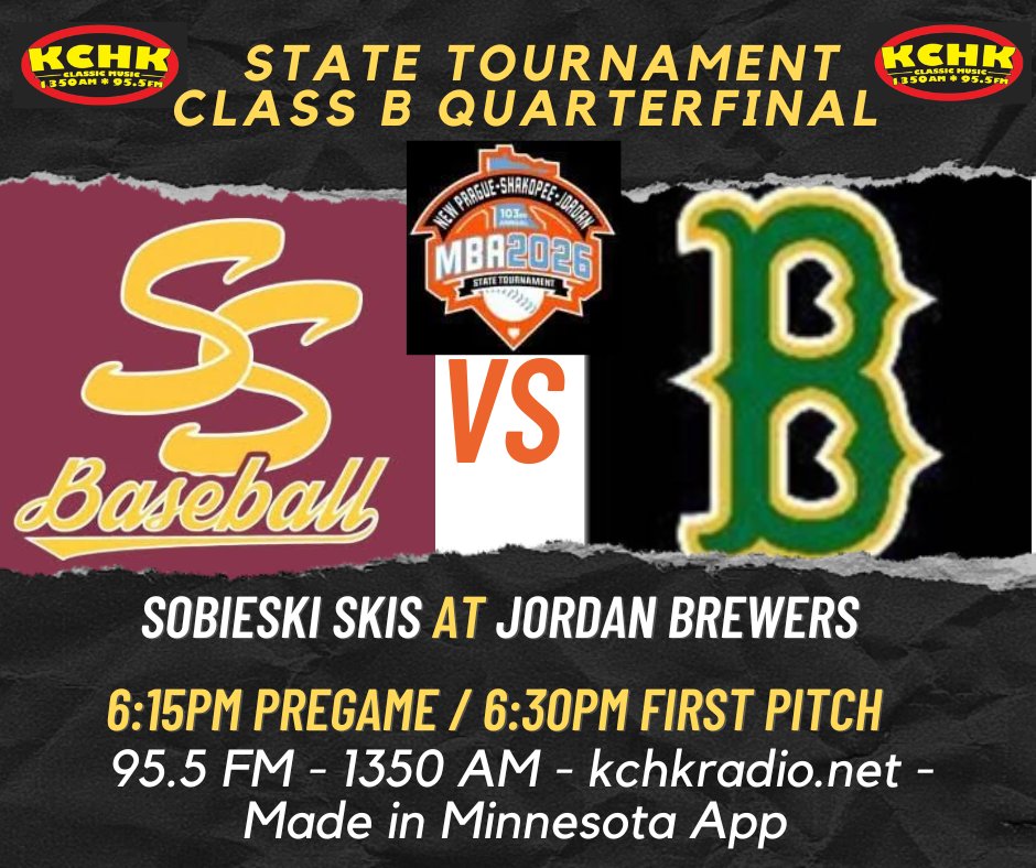 kchkradio's tweet photo. @MBAState2026 Final Weekend action on KCHK starts today with @RVLbaseball. 
Class A - @StPatrickIrish vs. @Sartell_Muskies at 1:30pm with @BartelsAdam on the call
Class B - @jordanbrewers vs. @SobieskiSkis at 6:30pm
(If @StPatrickIrish wins at 1:30pm they will play again 6:30pm) https://t.co/wDjhLb4yiP