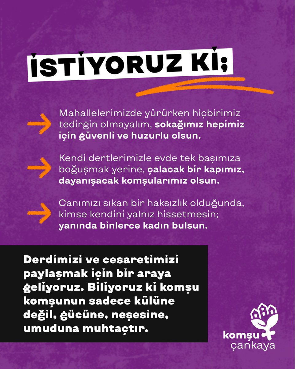 KomsuCankaya's tweet photo. Komşu komşunun sadece külüne değil; gücüne, neşesine ve umuduna muhtaçtır. 

💜 Biz buradayız ve kapımız tüm Çankayalı kadınlara açık. Gelin, komşu olalım! https://t.co/q97ClGbgho