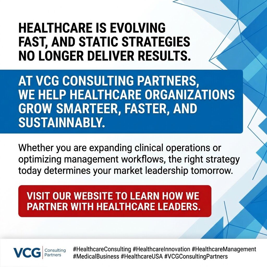 InfoVcg's tweet photo. Healthcare is evolving fast, and static strategies no longer deliver results. At VCG Consulting Partners, we help healthcare organizations grow smarter, faster, and sustainably. 
#HealthcareConsulting #HealthcareManagement #MedicalBusiness #HealthcareUSA #VCGConsultingpartners https://t.co/7czYPCFcls