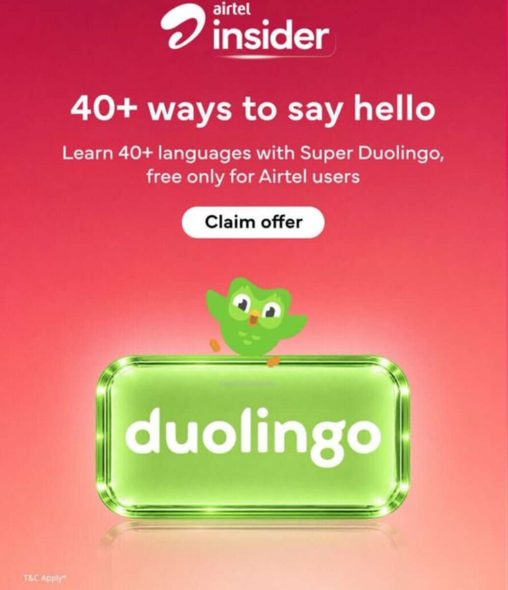 AVKVimal's tweet photo. Airtel is now offering Duolingo super free for 12 months! https://t.co/3XWCNjsqZr