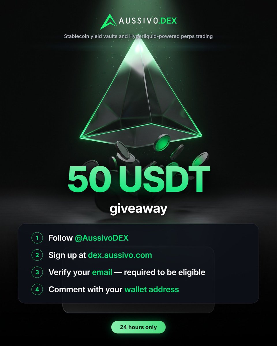 Zaynnode's tweet photo. 🎉 $50 USDT GIVEAWAY | 10 WINNERS

Want some easy USDT today? 

1. Follow @AussivoDex 
2. Sign up at https://t.co/ToxwjKbNbL and connect your wallet
3. Verify your email (mandatory to qualify)
4. Reply with the wallet you signed up with

That’s it.

10 winners will get USDT sent directly to their wallets.

⏳ Giveaway ends in 24 hours.