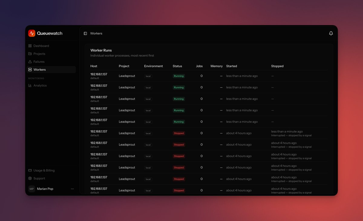 marianvpop's tweet photo. 👀 A sneak peek of the queue workers monitoring feature that's coming to @queuewatchio this week on all Pro plans and above.

https://t.co/rnfjnCHpRB https://t.co/Pzla3KNQl1