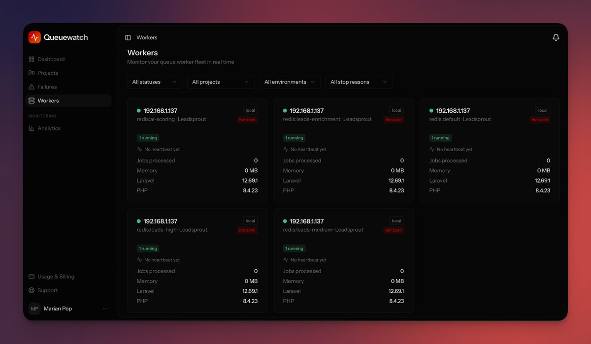 marianvpop's tweet photo. 👀 A sneak peek of the queue workers monitoring feature that's coming to @queuewatchio this week on all Pro plans and above.

https://t.co/rnfjnCHpRB https://t.co/Pzla3KNQl1