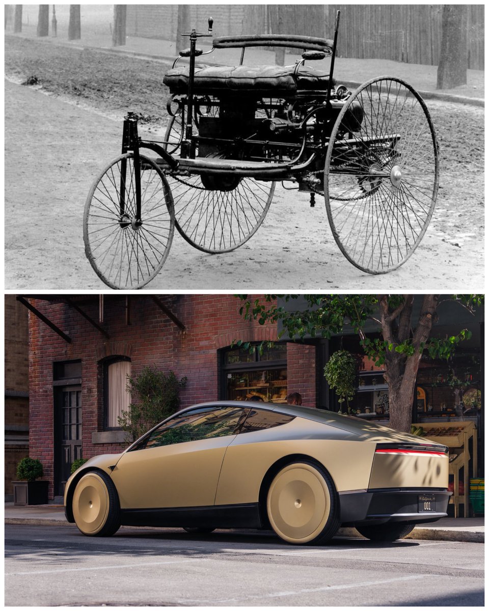 cb_doge's tweet photo. The evolution of the automobile is incredible.

1886: The Benz Patent‑Motorwagen showed the world that a carriage didn’t need a horse.

2026: Tesla’s Cybercab is showing the world that a car doesn’t need a steering wheel, pedals, or even a driver. https://t.co/lrQSdo3mkb