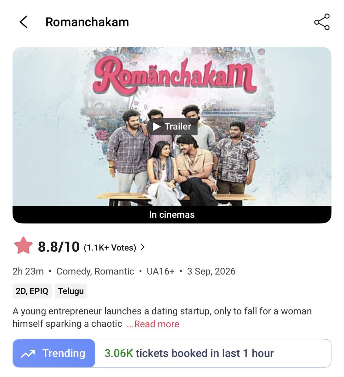 VangaPictures's tweet photo. The WORD OF MOUTH is spreading… ❤️‍🔥

And more and more GANGS are joining the #Romanchakam ride 😍🫶🏻

3.06K+ tickets booked in the last 1 hour on @BookMyShow 💥💥💥 https://t.co/Vw5Lg7414B