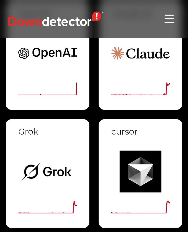 alex_prompter's tweet photo. OpenAI, Claude, Grok and Cursor are down at the same time.

Guess it's an early finish for half of X. https://t.co/5iiTc5kYaC