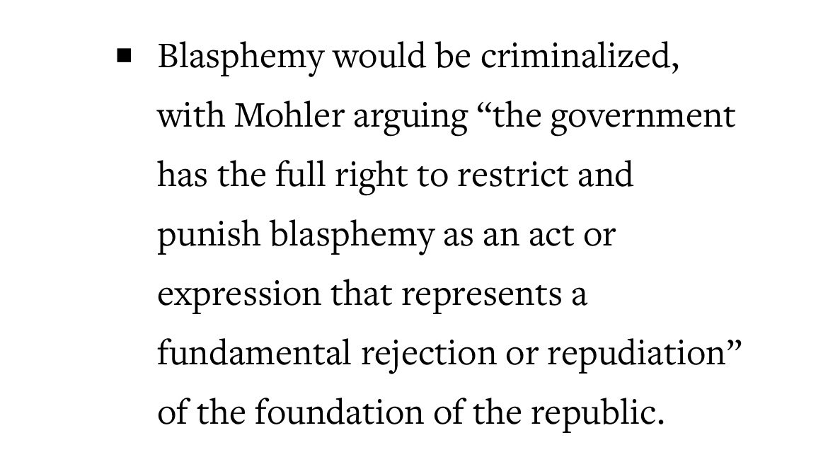 joelrainey's tweet photo. While the American right wrings their hands about “creeping sharia,” the President of the SBC’s flagship seminary is—actually—conceptualizing enforceable “blasphemy laws.”  Pot, meet kettle. https://t.co/0FthlypvDK
