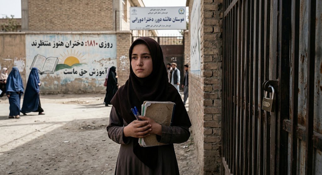 AfghanistanRW's tweet photo. روز ۱۸۱۰:
 ۱۸۱۰ روز است که دختران افغان از آموزش محروم‌اند. پشت هر دروازهٔ بستهٔ مکتب، یک رؤیا و یک آینده منتظر است.
صدای دختران افغانستان شوید آموزش حق است!

بگذارید دختران افغان آموزش ببینند! 📚

#LetAfghanGirlsLearn #Day1810 #EducationIsARight https://t.co/K0TZXKZD8u