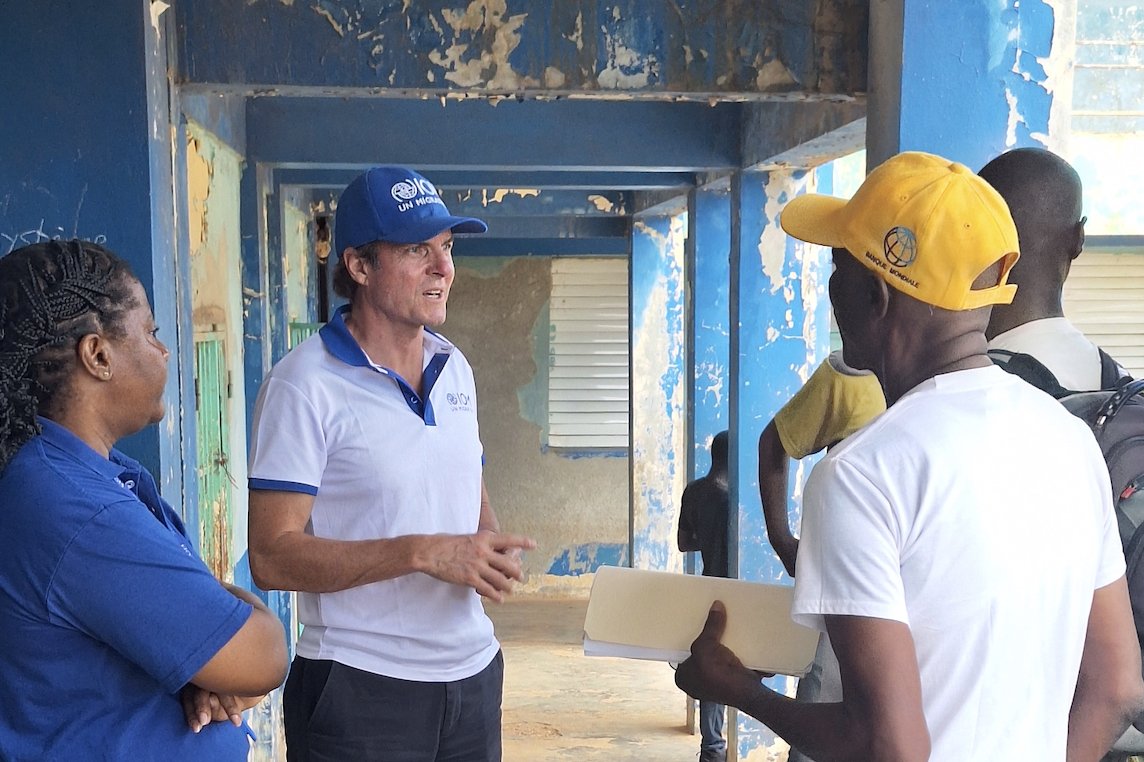IOMHaiti's tweet photo. IOM Chief Grégoire Goodstein visited infrastructure rehabilitated after #HurricaneMelissa in southern Haiti, meeting local authorities to discuss hurricane-season readiness.

The region remains highly exposed to disasters while also hosting persons displaced by violence. https://t.co/fdHpxlycM5