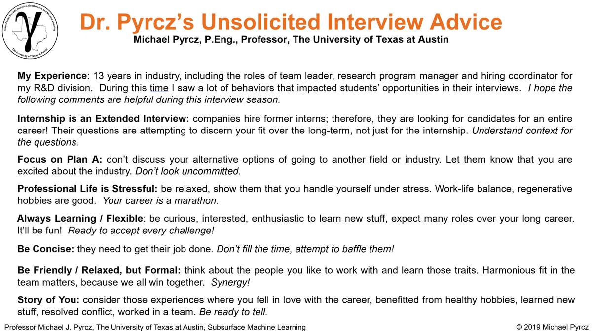 GeostatsGuy's tweet photo. Time for @CockrellSchool Engineering Expo, an important time for our #longhorns looking for internships and full-time jobs after graduation.

While in industry, I spent some time as the hiring manager for a large research department. Based on what I learned in that role, I share some interview advice with my students.