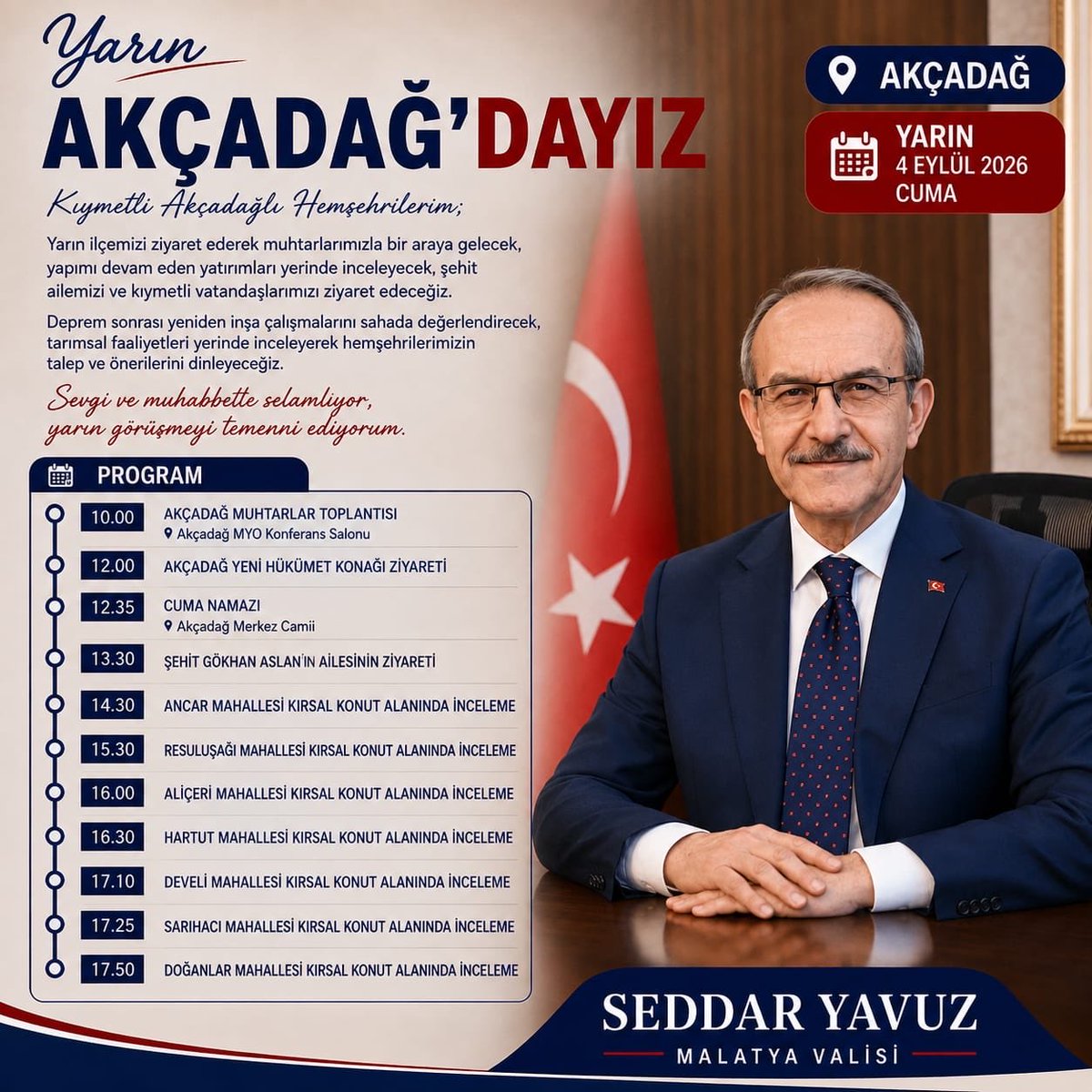 SeddarYavuz's tweet photo. 📌 Yarın Akçadağ’dayız.

Muhtarlarımızla bir araya gelecek, devam eden yatırımlarımızı yerinde inceleyecek; şehit ailemizi ve kıymetli hemşehrilerimizi ziyaret edeceğiz. 

Deprem sonrası yeniden inşa çalışmalarımızı sahada değerlendirecek, hemşehrilerimizin talep ve önerilerini dinleyeceğiz.

#Akçadağ'lı hemşehrilerimizle gönül gönüle, omuz omuza…

Güzel bir gün geçirmek dileğiyle.

#Malatya