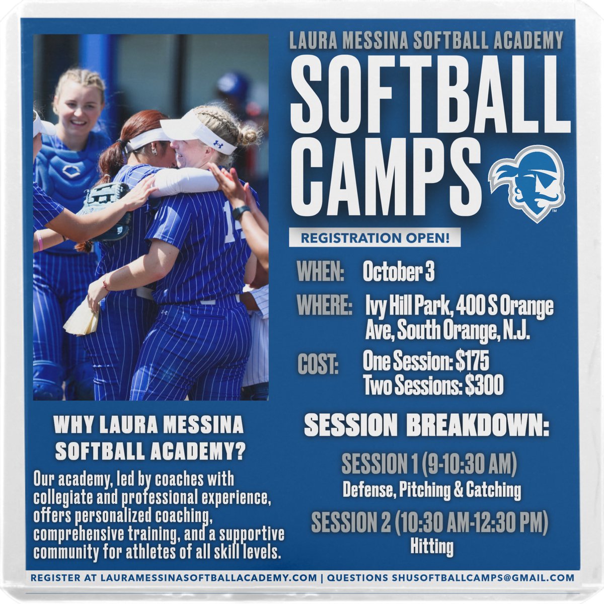SHUSoftball's tweet photo. Just because summer is over doesn’t mean that camp is❗️ 

Don’t miss your chance to be coached by our Seton Hall softball coaching staff this October at our fall camp! 🏴‍☠️

🔗 https://t.co/nENUBv16DI https://t.co/qb5M3MVG13