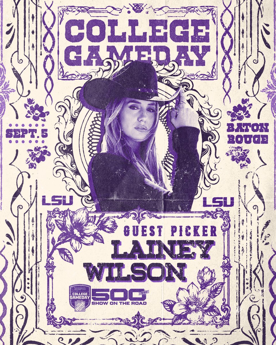 LSUfootball's tweet photo. Callin' Baton Rouge

@laineywilson is the Guest Picker for the 500th @CollegeGameDay show https://t.co/VrGbyBkKCV