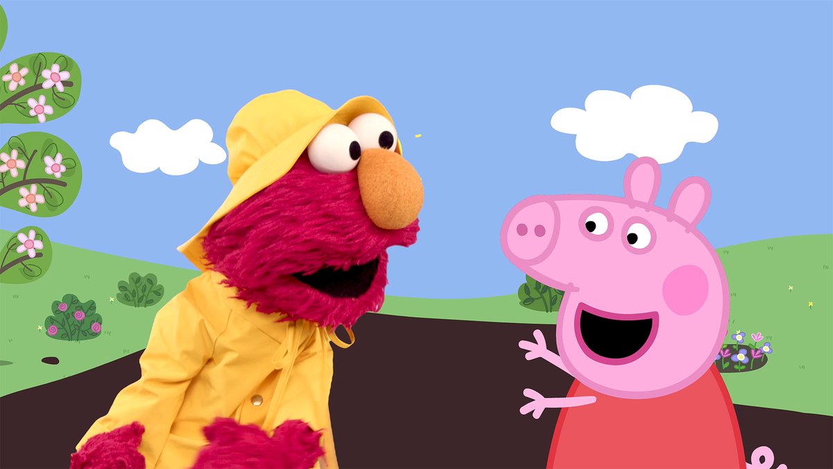 elmo's tweet photo. Elmo had a rainy-day playdate with Peppa Pig! 🌧️ BEST DAY EVER!!! 🪩❤️ https://t.co/yBH41lA5px