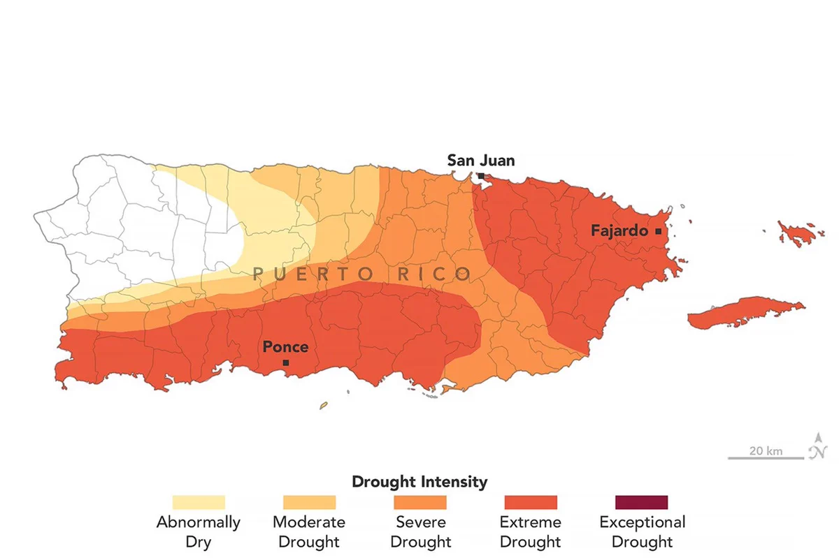 Map of Puerto Rico showing drought conditions as of August 25, 2026. Much of the island is shaded yellow, orange, and dark orange, indicating moderate, severe and extreme drought conditions. Credit: NASA