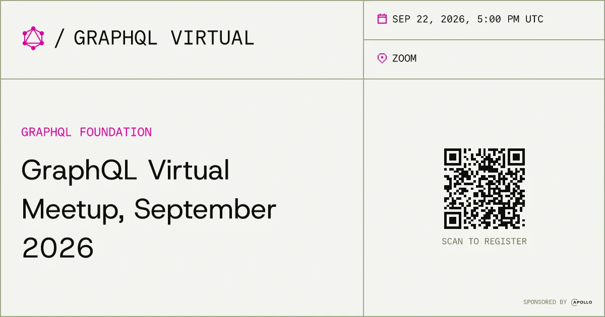 GraphQL Virtual Meetup advertisement with date, time, Zoom details, and a QR code for registration.
