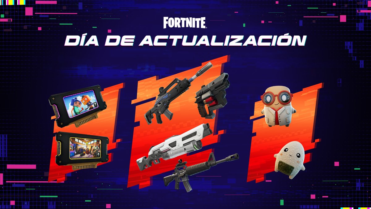 Fortnite_ES's tweet photo. 🚨 ¡Día de actualización! 🚨

🔄 ¡El repertorio de botín se renueva!
⚔️ Nuevas armas y glitches
🍙 ¡Llegan espíritus completamente nuevos! https://t.co/F696Vqm9Lz