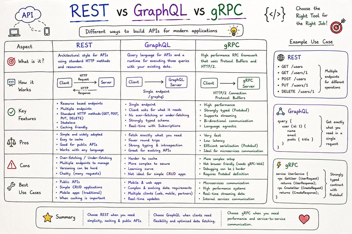 CodeAndAIHub's tweet photo. REST vs GraphQL vs gRPC ๐
Three API approaches, different strengths. Learn when to choose REST for simplicity, GraphQL for flexible data fetching, and gRPC for high-performance service-to-service communication.
#API #REST #GraphQL #gRPC https://t.co/dAxfLjideQ
