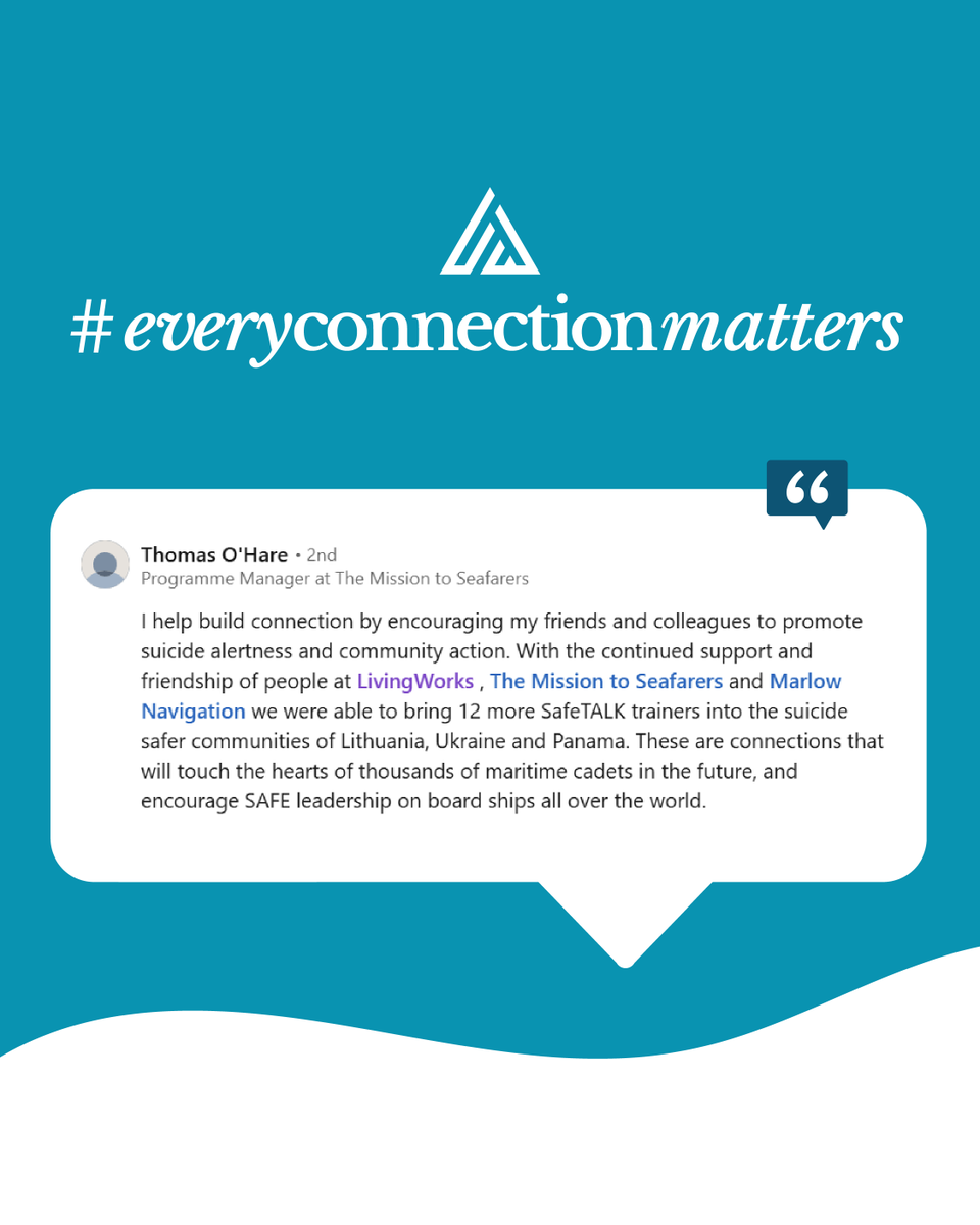 Living_Works's tweet photo. How far can one connection travel?

Thomas O’Hare of The Mission to Seafarers shares how collaboration brought 12 more #LivingWorks safeTALK Trainers to Lithuania, Ukraine and Panama - reaching thousands of future maritime cadets.

That is #EveryConnectionMatters in action. https://t.co/YNFP3vzvk7