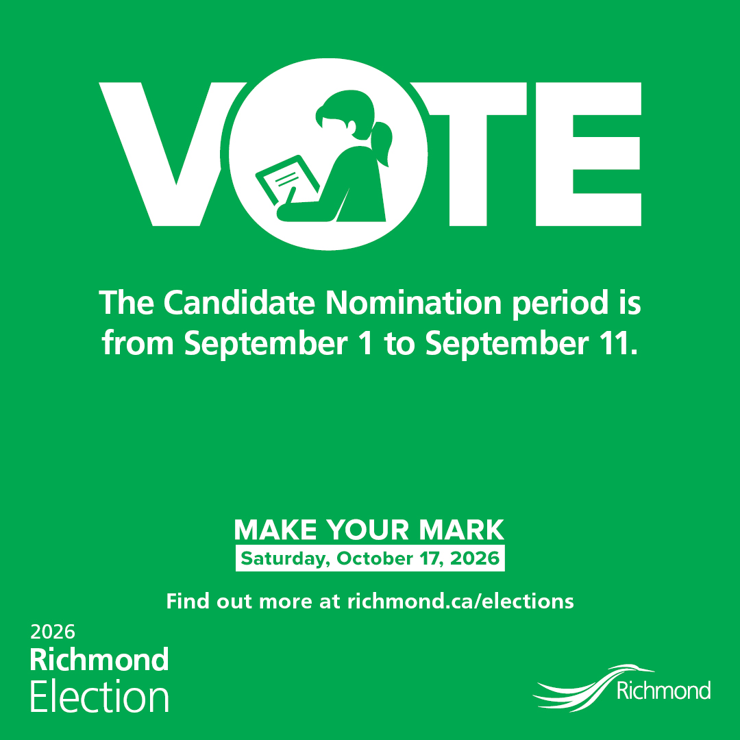 Richmond_BC's tweet photo. 👤Thinking of running in the 2026 Richmond Election?

To be eligible as a candidate, you must:
•Be a Canadian citizen 
•Be at least 18 years old on General Voting Day 
•Be a resident of BC for at least six months before filing their nomination documents
•Not be disqualified by law 

Candidate nomination papers are due by 4:00PM on Friday, September 11. Please submit in person by appointment so Elections staff can review your documents and avoid delays. To book, contact the Elections Office at 604-276-4100 or elections@richmond.ca.

Learn more at https://t.co/bVKfXZ9Ecs.