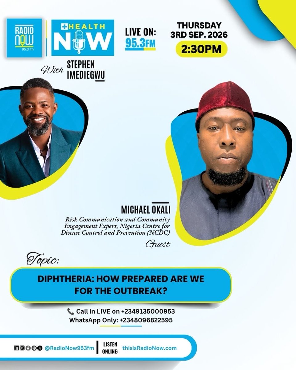 NCDCgov's tweet photo. ๐๏ธ On today's #HealthNow show with @RadioNow953FM 3fm, our Risk Communication and Community Engagement Expert, Michael Okali, joined host Stephen Imediegwu to discuss:
๐ฉบ *Diphtheria: How prepared are we for the outbreak?*
๐ง Catch the full conversation below:
Audio link: https://t.co/JRg9lRZUvO
#Diphtheria #PublicHealthNG #NCDC