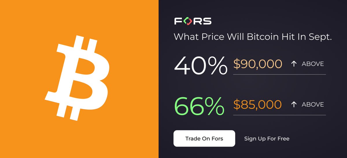 forsmarkets's tweet photo. What price will Bitcoin hit in September. 

Market pushing a high chance for bitcoin:native to break the $85k Level. Bullish sentiments all around.