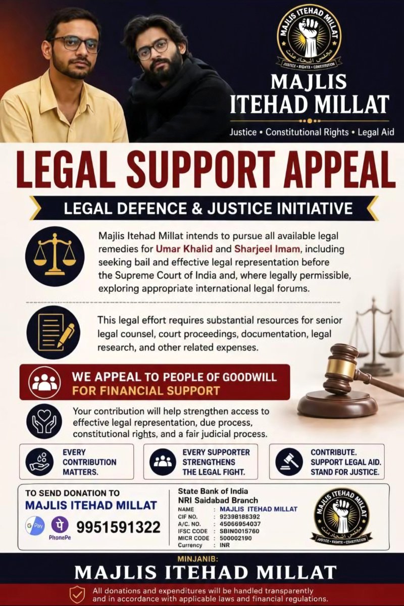 imammuzzammil's tweet photo. This is a fraudulent fundraising appeal being circulated by unknown persons for their own financial gain. Neither Sharjeel Imam nor his family has authorised this appeal or is seeking any financial assistance for his legal cases.

We request everyone not to send any money or make any donation in Sharjeel @_imaams name on the basis of such posts.

The persons responsible for creating and circulating this misleading appeal should be identified, and appropriate criminal proceedings must be initiated against them for misusing Sharjeel’s name and misleading the public.

Please share this clarification widely.

#SharjeelImam