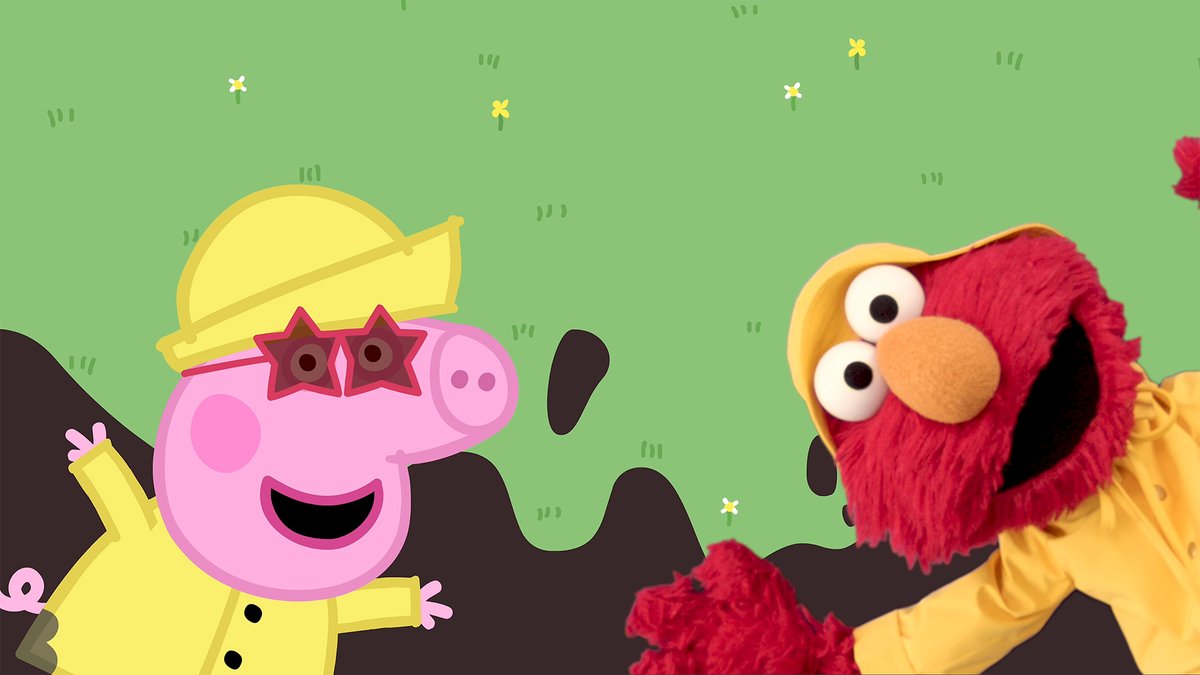 elmo's tweet photo. Elmo had a rainy-day playdate with Peppa Pig! 🌧️ BEST DAY EVER!!! 🪩❤️ https://t.co/yBH41lA5px