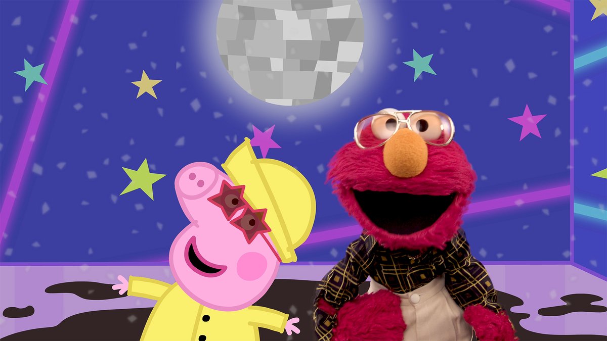 elmo's tweet photo. Elmo had a rainy-day playdate with Peppa Pig! 🌧️ BEST DAY EVER!!! 🪩❤️ https://t.co/yBH41lA5px