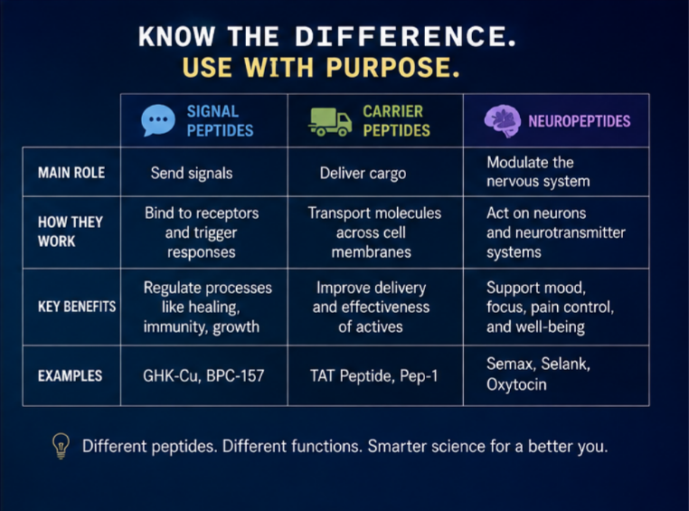 SaefkeWilliam's tweet photo. Signal peptides guide proteins to the right destination. Carrier peptides help deliver molecules. Neuropeptides act as messengers in the nervous system.
Different roles. Different mechanisms. One fascinating peptide world. 🔬
#Peptides #PeptideScience #Biotechnology https://t.co/c0GY2BMPPU