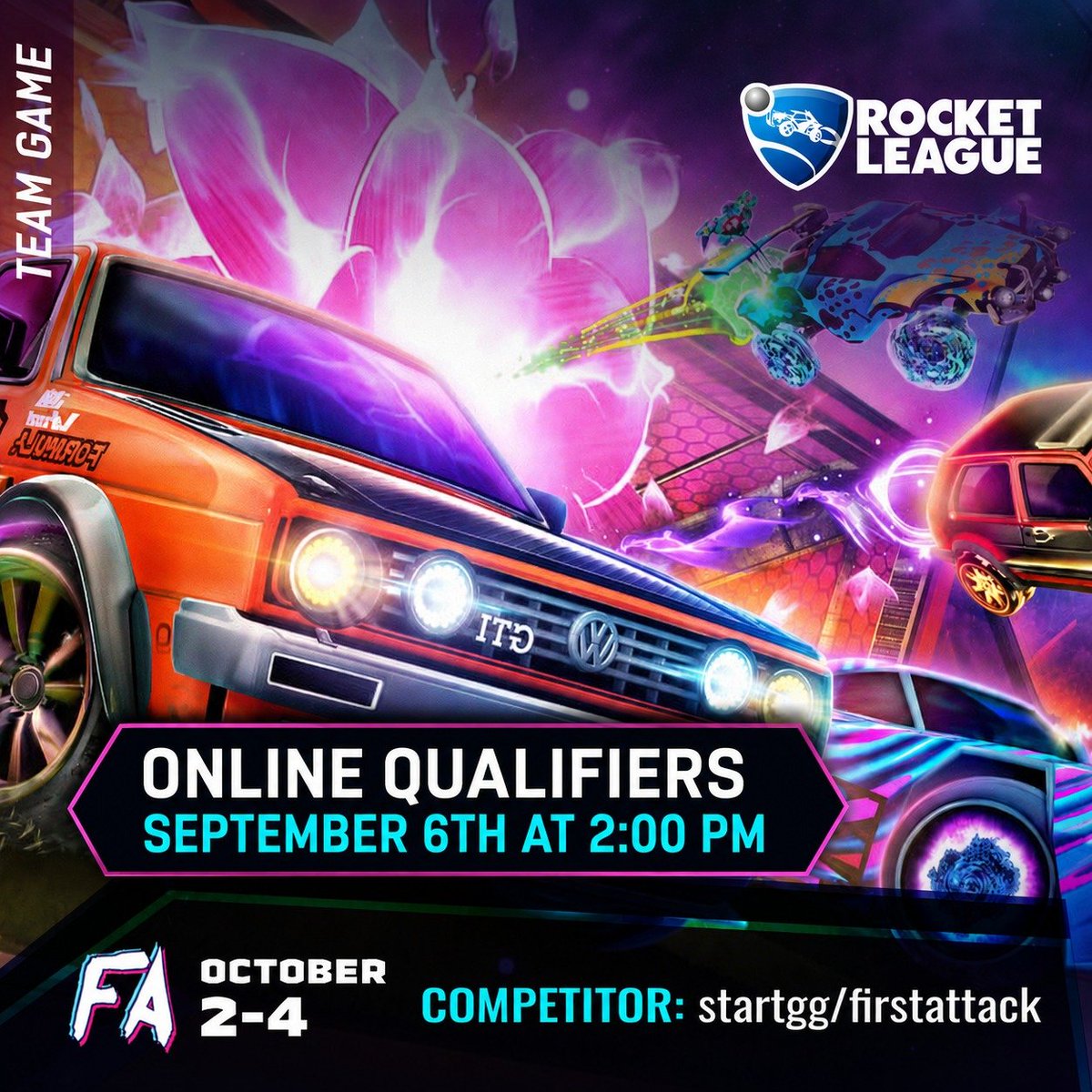 FirstAttackPR's tweet photo. We start September with our Road To First Attack Online Qualifiers, starting with #RocketLeague.

Online Qualifier starts on September 6th at 2PM (AST).

To register your teams visit: https://t.co/IrK8lNfKRm 

#FA2026 #Gaming #eSports #RocketLeague https://t.co/KgYflg7X0R