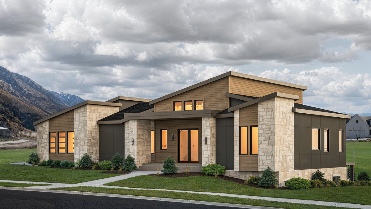 bkvirtualhomes's tweet photo. For this project, we took one of our existing floor plans and reworked the exterior into a more contemporary, mountain-inspired direction. New roof forms, stone, wood siding, dark panels, and a completely different approach to the elevations transformed the way the home reads. https://t.co/1xGbwgKOyU