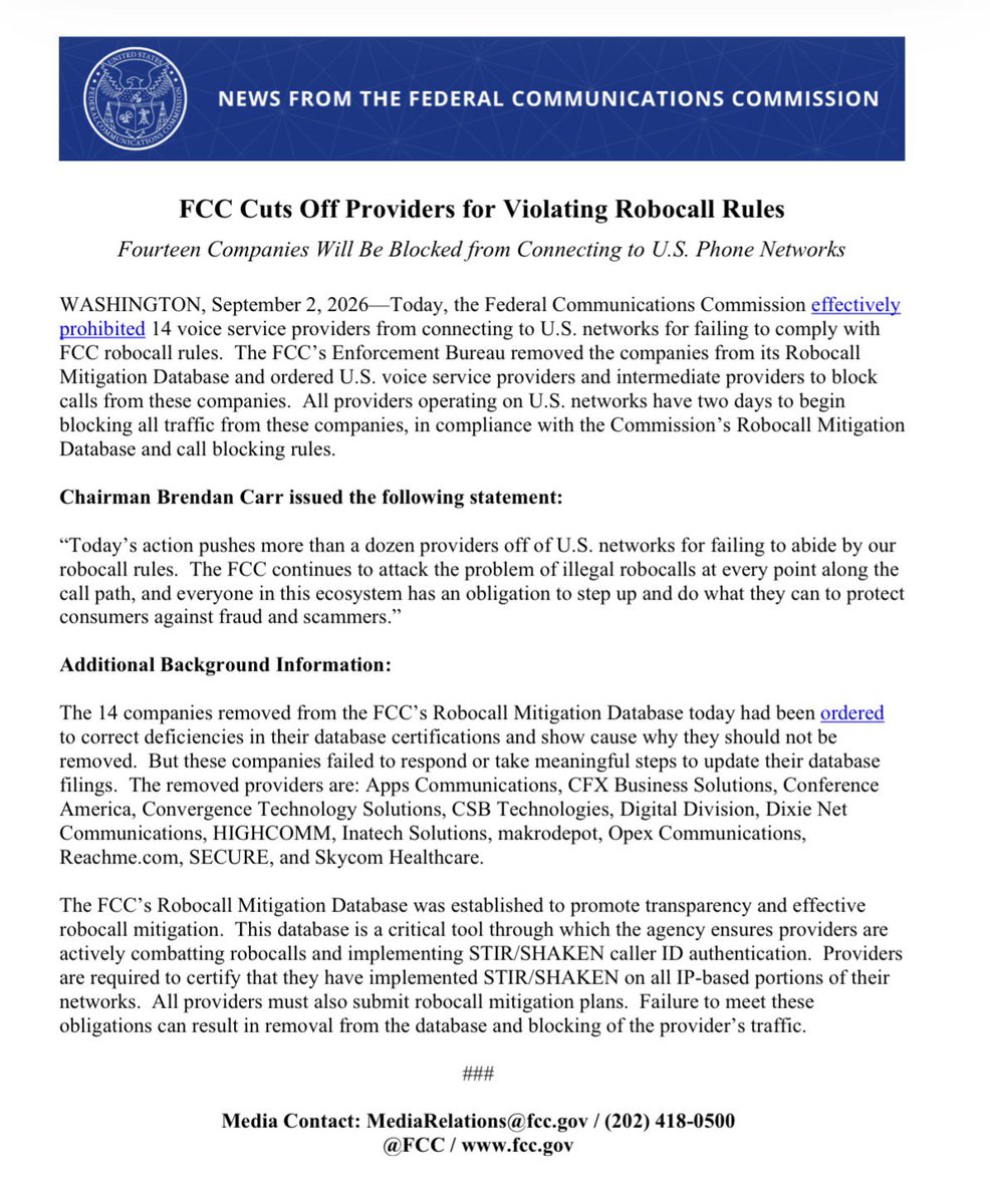 BrendanCarrFCC's tweet photo. The FCC has now blocked an additional 14 providers from connecting to U.S. networks for failing to comply with robocall mitigation rules. https://t.co/CuGFAKPTl6