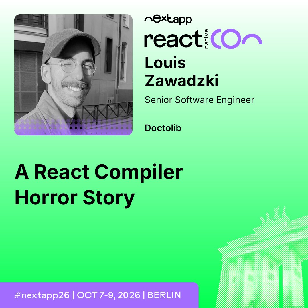 reactnativecon's tweet photo. The React Compiler promised to end useMemo forever. Something was hiding in the fine print. ⚛️

Louis Zawadzki tells the horror story at reactnativeCon Berlin.

🔗 https://t.co/QFmqZLE3SG

#ReactNative #nextapp26 https://t.co/Ma70jEx3aD
