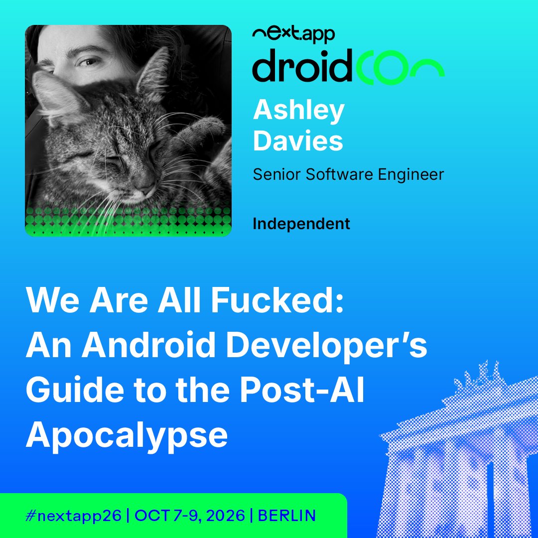 droidconBerlin's tweet photo. AI hype is running ahead of Android engineering reality. 🎤

Ashley Davies brings the reality check at droidCon Berlin.

🔗 https://t.co/8u0P3c787W

#AndroidDev #nextapp26 https://t.co/LxwOggMDC7