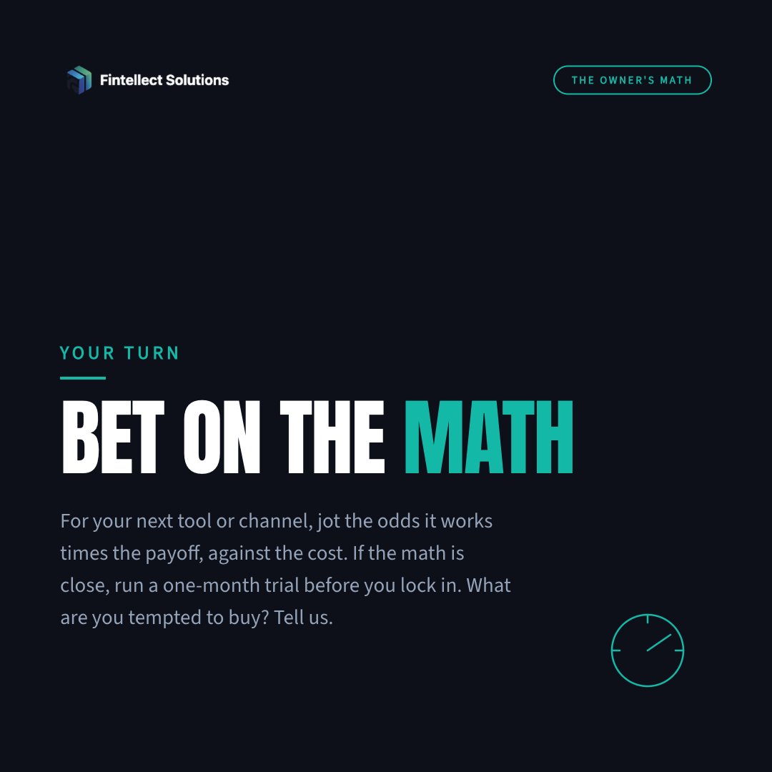 praxisgroupai's tweet photo. A new tool might be great, or $60 a month you never use. Ten minutes of math beats a feeling.

Buffer Team is $12 a month per channel, as of August 2026, so 5 is $60. Save maybe 4 hours ($96) at 60% odds, about $58 of value against $60.

Part 5 of 6 in The Owner's Math. https://t.co/OgN58vrJWf