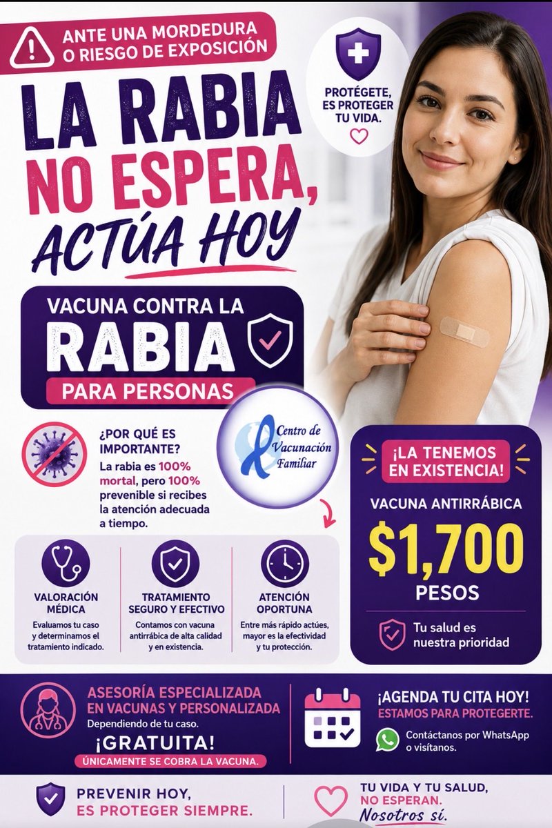 centrodevacunas's tweet photo. UNA MORDIDA PUEDE SER PELIGROSA”.
En nuestro centro de vacunación recibirás asesoría especializada en vacunas y atención personalizada.
✨ La asesoría es GRATUITA: únicamente pagas la vacuna si es que está indicada.
No te quedes con la duda.
Agenda tu cita. 5552711931 https://t.co/0WexSP2U25