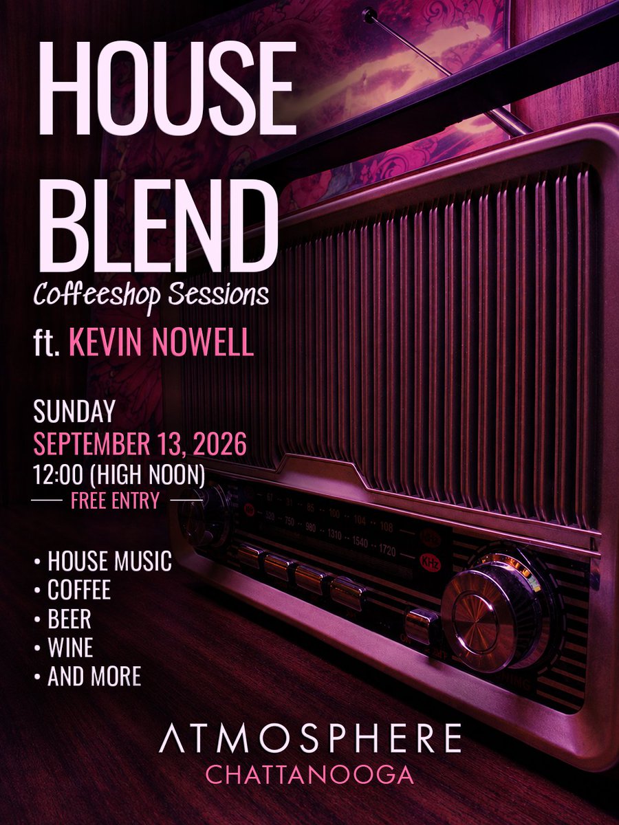 AtmosphereChatt's tweet photo. House music hits different in the daylight.

HOUSE BLEND: Coffeeshop Sessions returns SUNDAY, SEPTEMBER 13th with Knoxville’s Kevin Nowell, the driving force behind Art of House.

Rooted in groove, soul, and the communal spirit of house music, Kevin’s selections are built for settling in, finding the rhythm, and letting the music carry the afternoon.

Come early. Grab a coffee, beer, or glass of wine. Enjoy the house.

HOUSE BLEND ft. Kevin Nowell
 Sunday, September 13
 12:00 (High Noon)
 Free Entry

☕ Coffee
 🍺 Beer
 🍷 Wine
 🔊 House Music
---
#ATMOSPHEREChattanooga #HouseBlend #KevinNowell #ArtofHouse #coffeeshop #coffeeshopvibes #coffeeshopsessions #dayrave #HouseMusic
