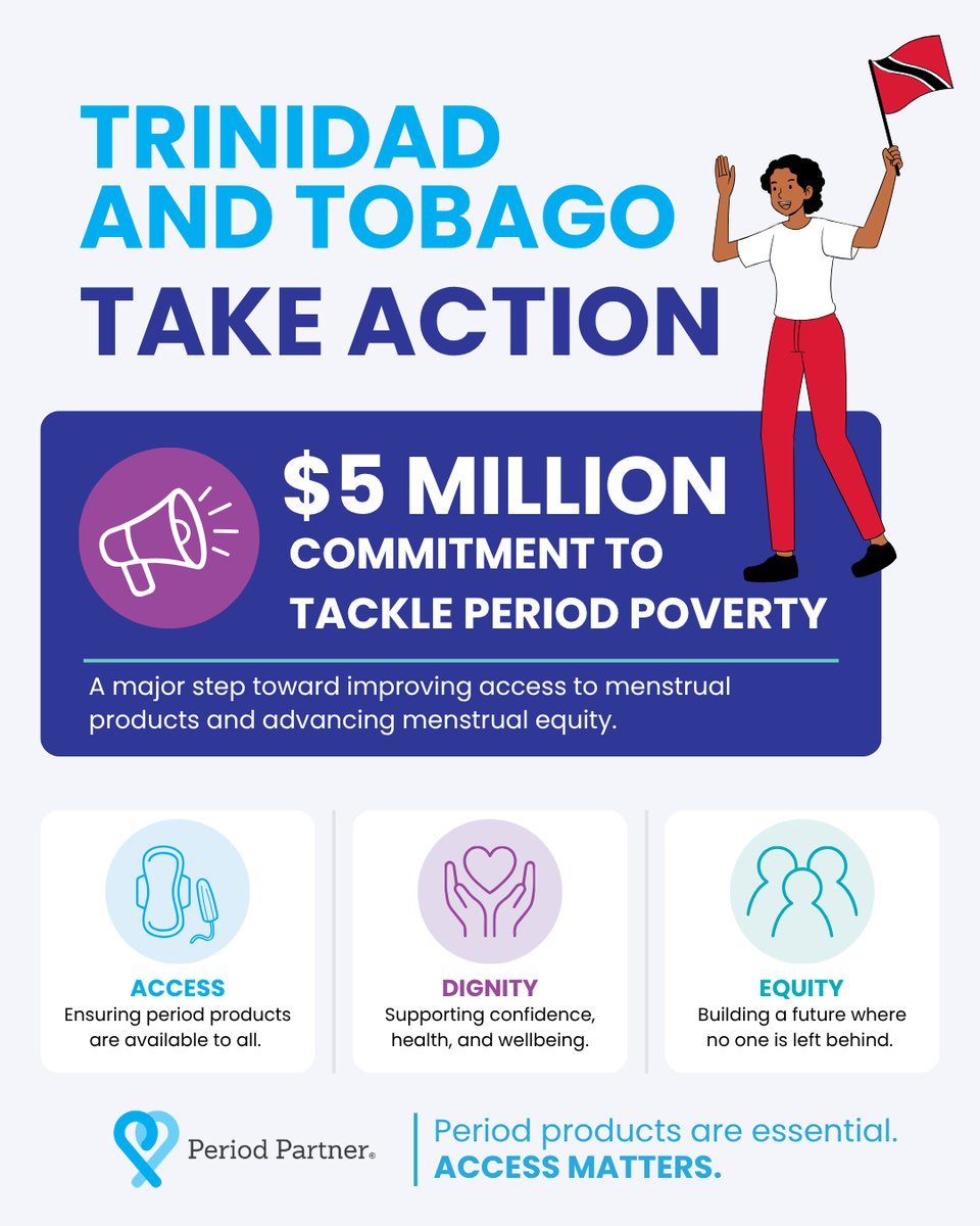 PeriodPartner's tweet photo. Trinidad and Tobago is taking action with a $5M commitment to tackle period poverty.

This is a major step toward improving access to menstrual products and advancing menstrual equity.

Period products are essential. Access matters.

#PeriodPartner #MenstrualEquity #PeriodPoverty https://t.co/XMDlMLeKAd