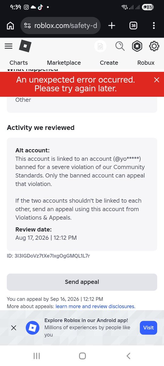 katsojay's tweet photo. Me and my brothers accounts were terminated for being linked as an alt acc to my sisters. Aug 17 2026 my sisters acc was terminated for severe rulebreaking. I tried appealing but got  told  to use appeals, when I try to an error appears.@KreekCraft @SharkBloxYT @Roblox @tiffikan https://t.co/DfolX5vcrm