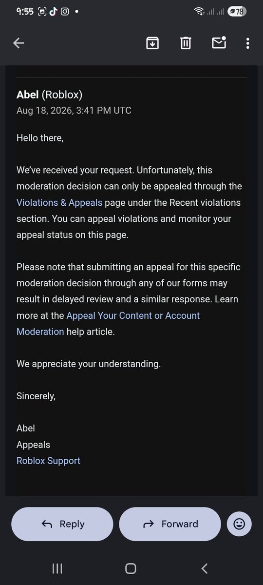 katsojay's tweet photo. Me and my brothers accounts were terminated for being linked as an alt acc to my sisters. Aug 17 2026 my sisters acc was terminated for severe rulebreaking. I tried appealing but got  told  to use appeals, when I try to an error appears.@KreekCraft @SharkBloxYT @Roblox @tiffikan https://t.co/DfolX5vcrm