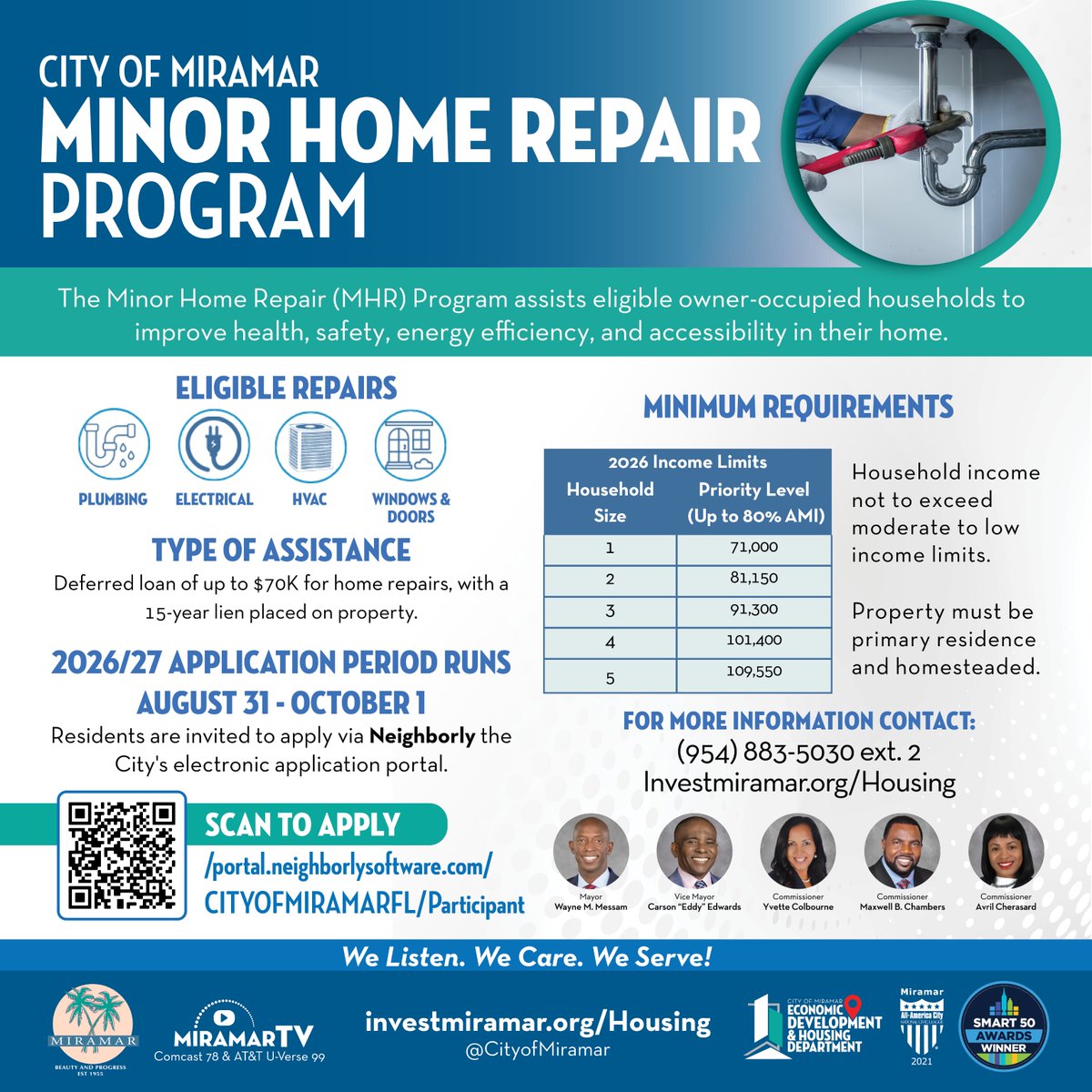 CityofMiramar's tweet photo. The City of Miramar’s Minor Home Repair Program is now accepting applications!

Eligible owner-occupied households may receive assistance with repairs that improve the health, safety, energy efficiency, and accessibility of their homes, including plumbing, electrical, HVAC, windows, and doors.

Qualified residents may receive a deferred loan of up to $70,000 for eligible home repairs.

Application Period: August 31 – October 1, 2026

Apply through the City’s Neighborly application portal: /portal.neighborlysoftware.com/CITYOFMIRAMARFL/Participant

For more information, call 954-883-5030 ext. 2 or visit https://t.co/eSJULaruaY.