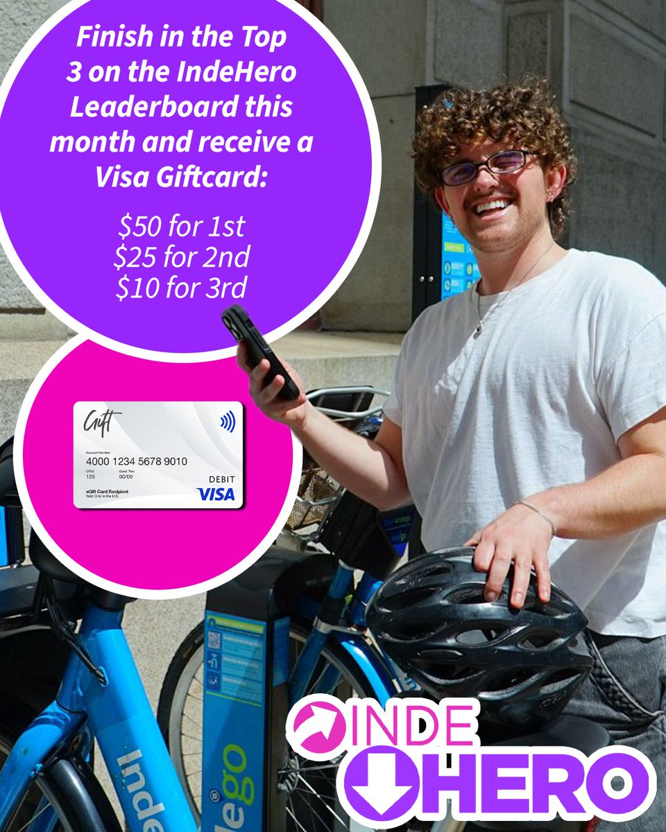 RideIndego's tweet photo. Get rewarded for being an IndeHero! The top THREE IndeHeroes on the September leaderboard will receive a digital Visa Gift Card. First place gets $50, second gets $25, and third gets $10. Keep riding, keep earning points, and keep an eye on your progress in the Indego app under IndeHero → Leaderboard. Learn more about IndeHero and how you can earn points at https://t.co/VpWdEwctqq.