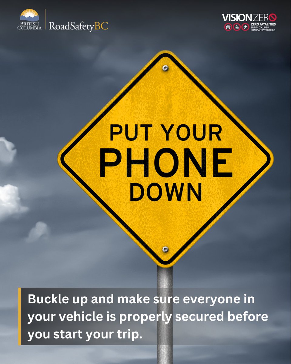 RoadSafetyBC's tweet photo. September is a good time to reset safe driving habits. Put your phone away before you start your trip. Safe driving starts before you leave the driveway. 
#PutYourPhoneAway #BuckleUpBC https://t.co/M87s06jM6C