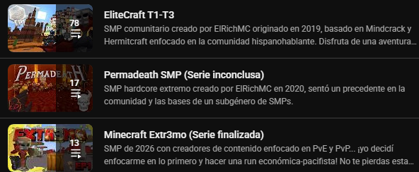 ElRichMC's tweet photo. Por algún ridículo motivo no existían estas 3 listas de reproducción en el canal, así que... ¡ya están creadas!

EliteCraft: https://t.co/ML7Syfx7Tk
Permadeath: https://t.co/eVG4m1geww
Extr3mo: https://t.co/zW2dYo4ZVG