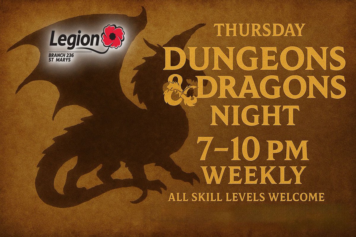RCL236StMarys's tweet photo. Looking for something different Thursday evenings?
Try out Dungeons and Dragonst
This is an 18+ group
reach out to Niki for more details
#RCL236 $StMarysON #DND https://t.co/OenZkzFgng
