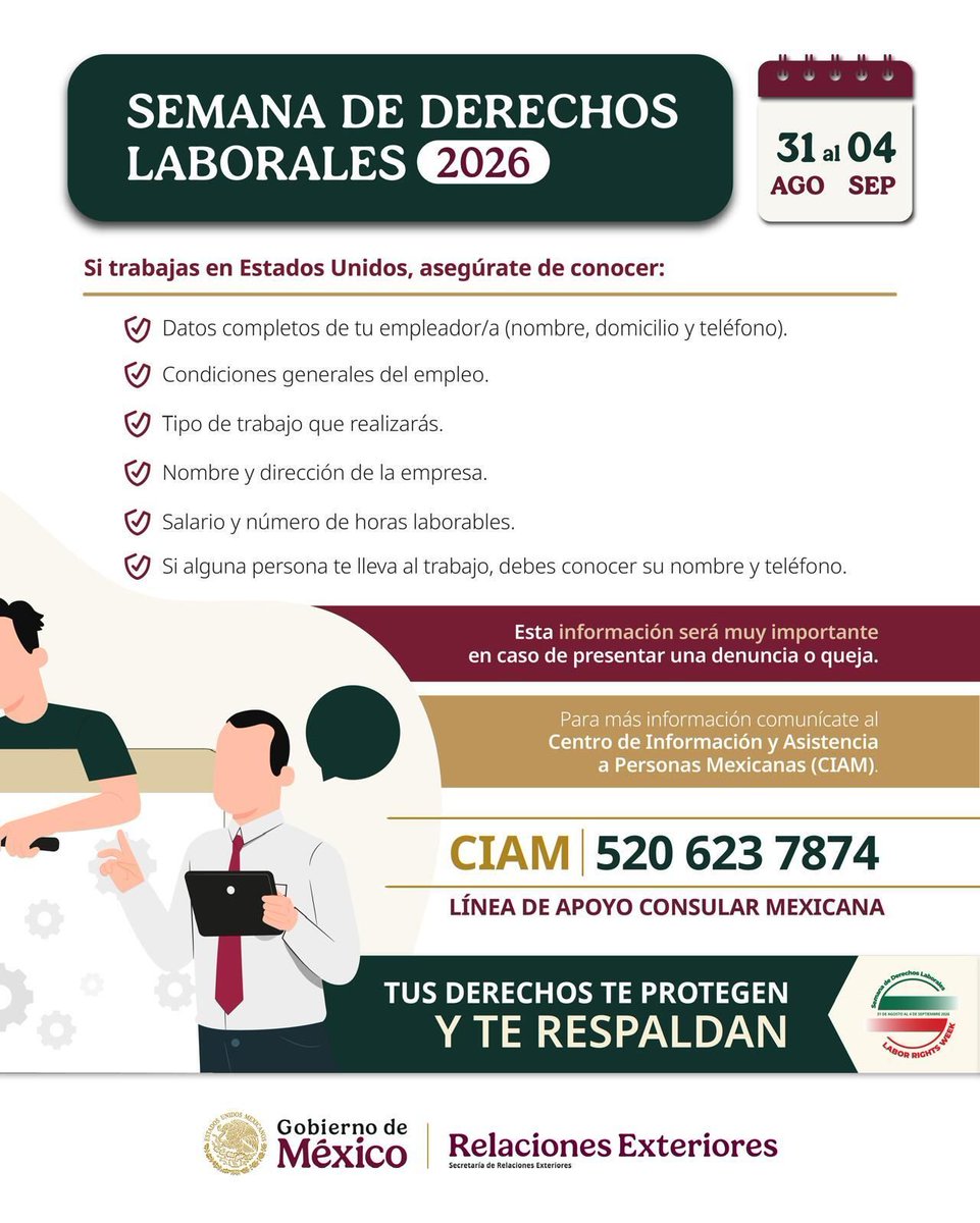 ConsulMexWas's tweet photo. 📣 ¡Protege tus derechos laborales!

🔹 Conoce a tu empleador y la empresa.
🔹 Verifica el salario mínimo de tu región.
🔹 Registra las horas trabajadas.
🔹 Asegúrate de contar con equipo seguro.

Conoce tus derechos y hazlos valer. 💪

#ConoceYEjerceTusDerechos #VisaH2A #VisaH2B https://t.co/RjYUtagORk