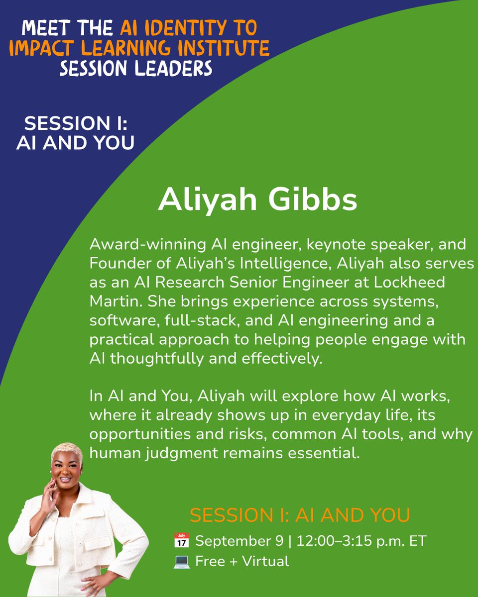 techbridgegirls's tweet photo. Join experts Aliyah Gibbs &amp; Alexis Daniels on Sept. 9 for an interactive session on AI literacy &amp; its impact on youth!  

📅 Sept. 9 | 12–3:15 p.m. ET  
💻 Live + Virtual + FREE  

Register: https://t.co/2wzcax3Fy5  
#AIInstitute #AILiteracy https://t.co/c0sphFKSs9