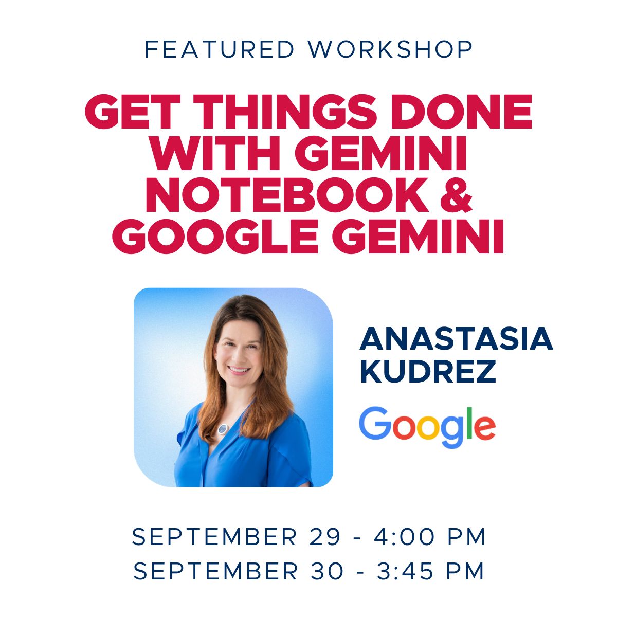 ASBDC's tweet photo. 🔔 Repeat workshop alert! 

Anastasia Kudrez, Grow with Google National Coach, is offering two chances to participate in an interactive session on Gemini Notebook and Google Gemini. 

This sessions is for anyone who wants to...

1. Build a knowledge hub with Gemini Notebook
2. Use Gems and Deep Research
3. Build a presentation with Slides
4. Unlock trapped data for use in Sheets 

Add it to your agenda today!