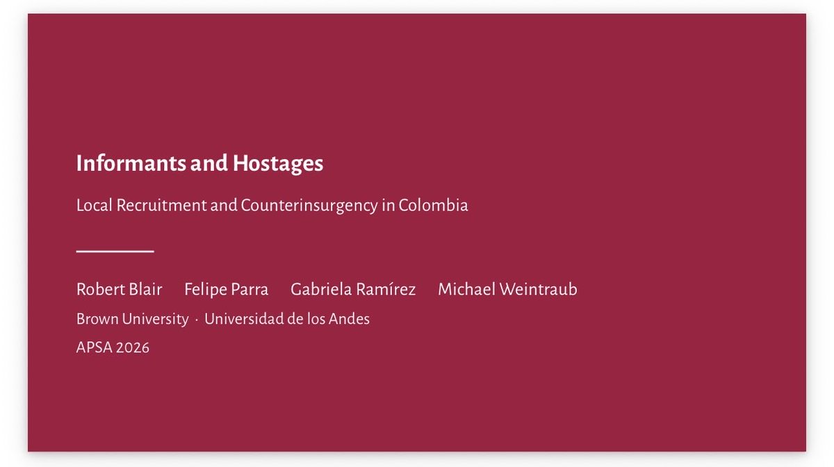 miweintraub83's tweet photo. Thanks for the shout-out, @egaptweets!

It turns out I’ll be presenting another paper, on the effects of the “soldados de mi pueblo” program in Colombia, which deployed locally-recruited soldiers for counterinsurgency tasks. Joint work with @robert_a_blair @FelipeParraE and Gabriela Ramírez.